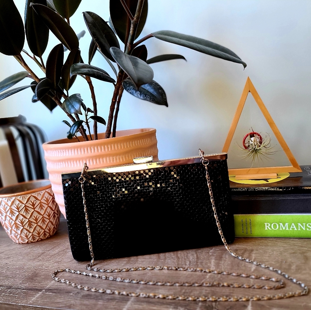 Small Black Beaded Clutch/Crossbody Purse with Long Metal Chain Strap